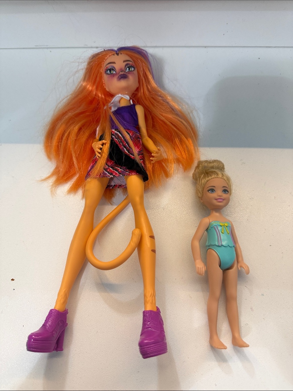 Orange-Haired Fashion Doll with Purple Outfit and Shoes and mini Barbie doll set